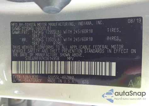 2019 Toyota Highlander Xle z USA, uszkodzony, nr VIN 5TDJZRFH7KS614958